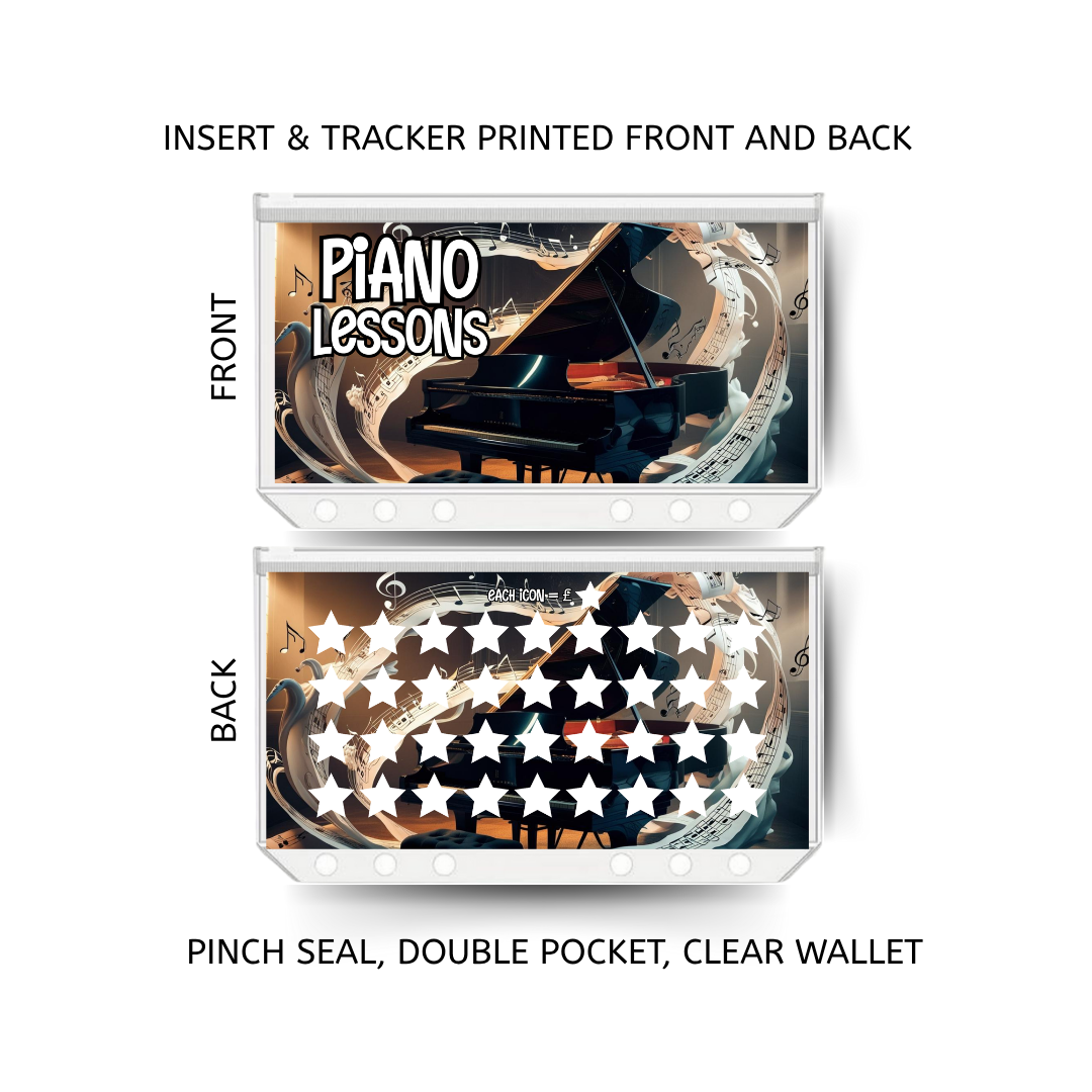 PIANO LESSONS savings double insert & tracker plus a clear, twin pocket, pinch seal wallet