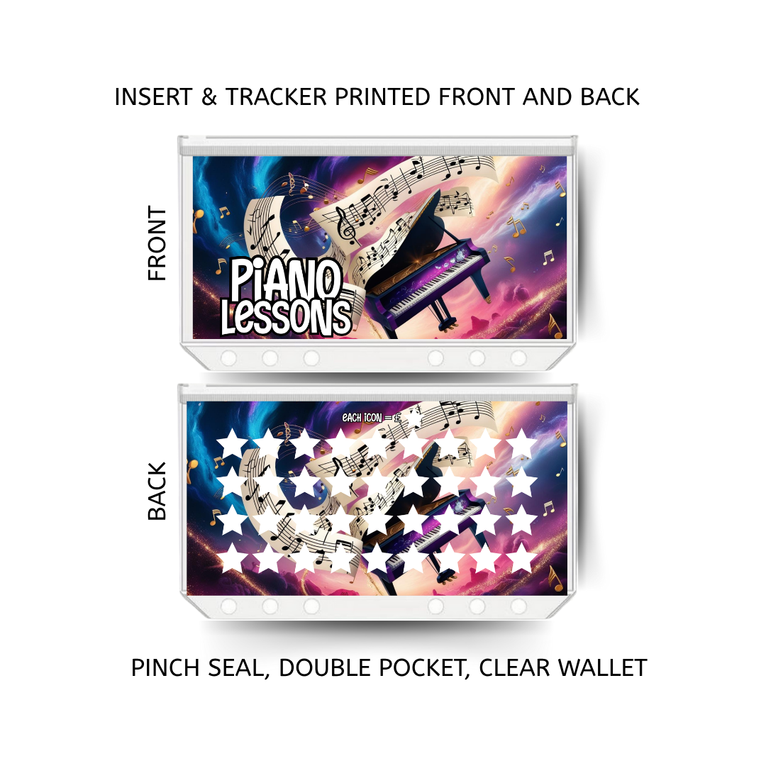 PIANO LESSONS savings double insert & tracker plus a clear, twin pocket, pinch seal wallet