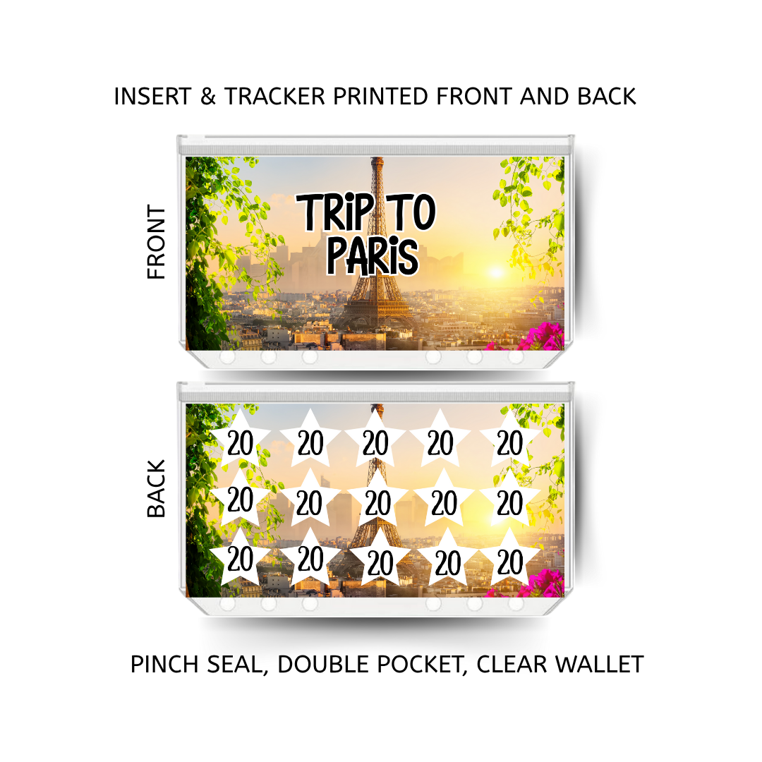 TRIP TO PARIS savings double insert & tracker plus a clear, twin pocket, pinch seal wallet