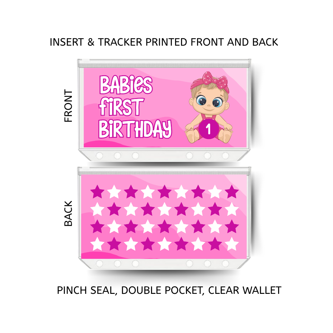 BABIES FIRST BIRTHDAY savings double insert & tracker plus a clear, twin pocket, pinch seal wallet