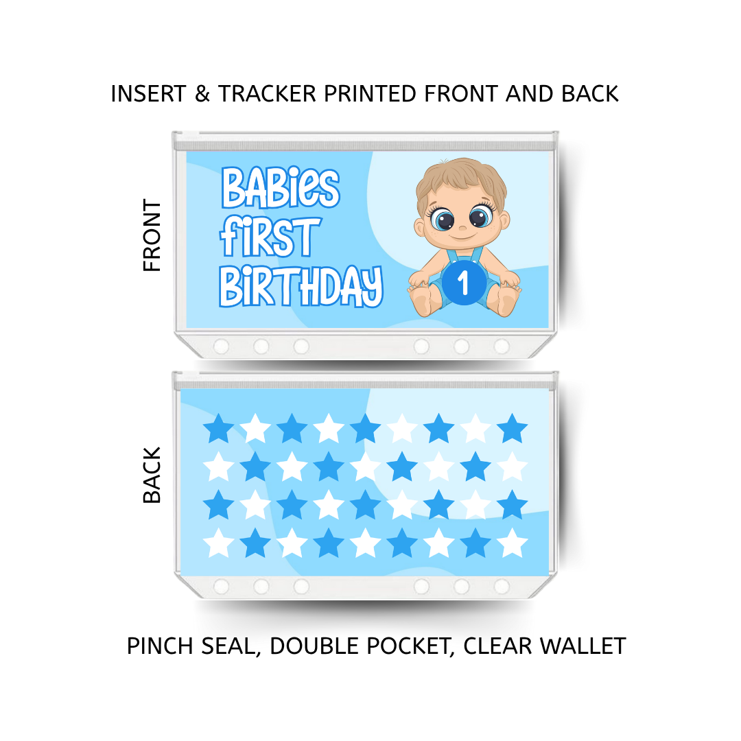 BABIES FIRST BIRTHDAY savings double insert & tracker plus a clear, twin pocket, pinch seal wallet