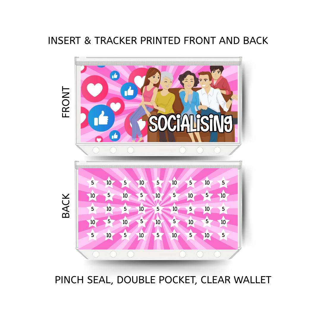 SOCIALISING savings double insert & tracker plus a clear, twin pocket, pinch seal wallet