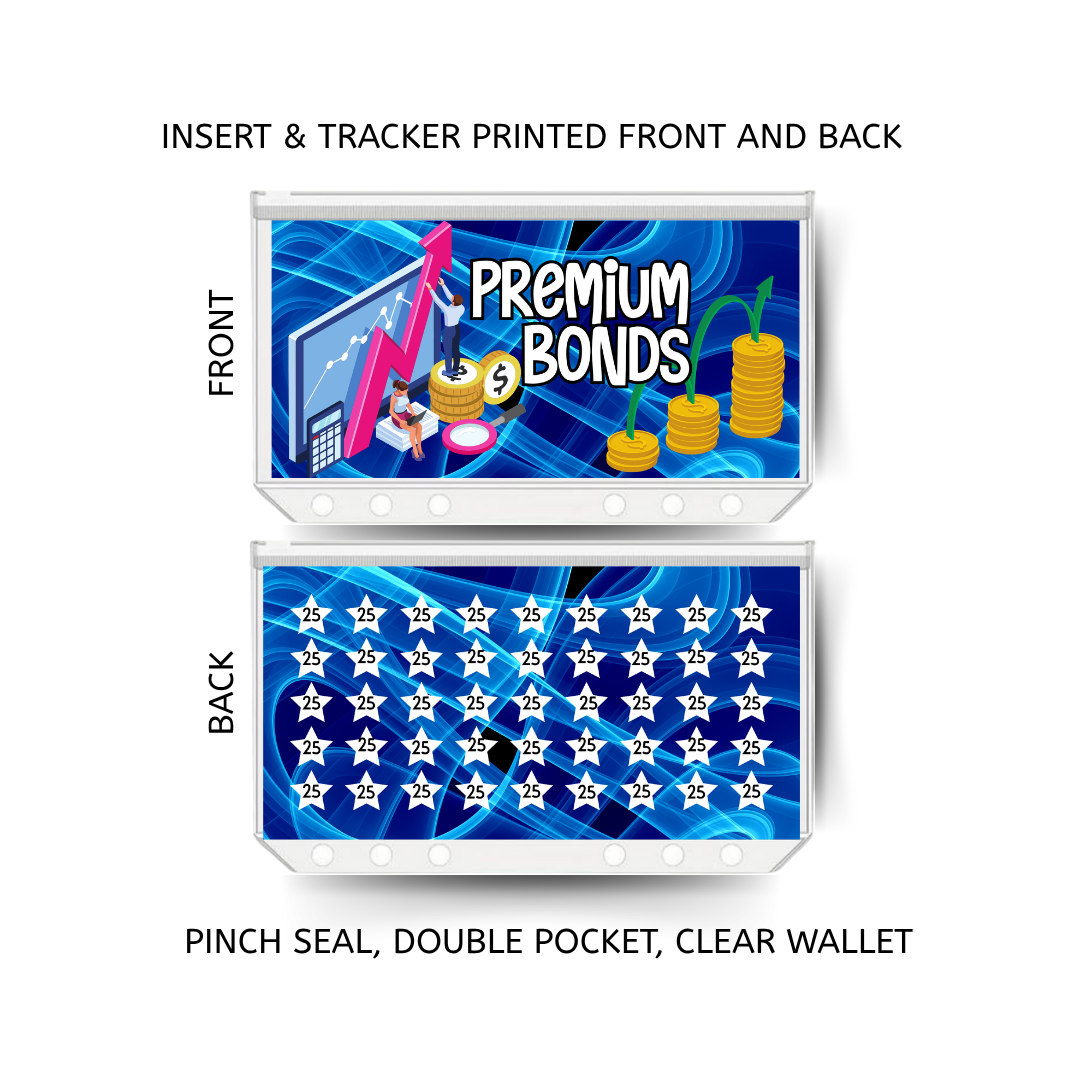 PREMIUM BONDS savings double insert & tracker plus a clear, twin pocket, pinch seal wallet