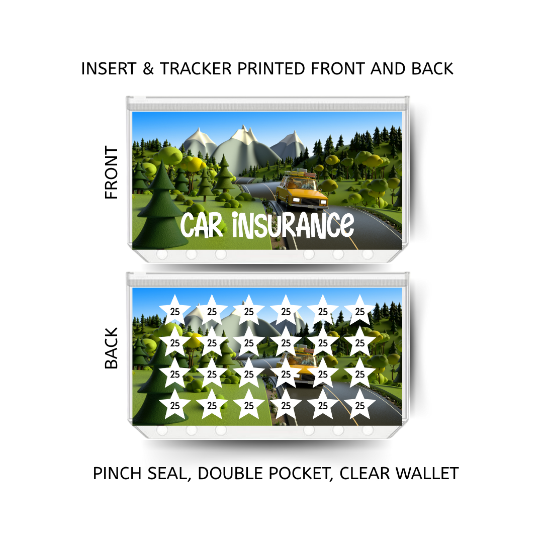 CAR INSURANCE savings double insert & tracker plus a clear, twin pocket, pinch seal wallet