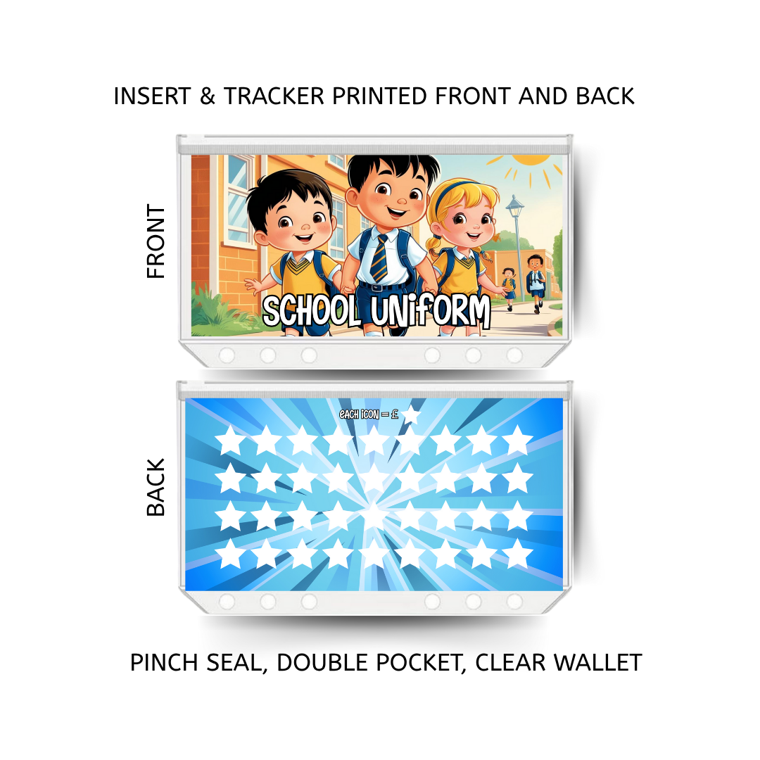 SCHOOL UNIFORM savings double insert & tracker plus a clear, twin pocket, pinch seal wallet