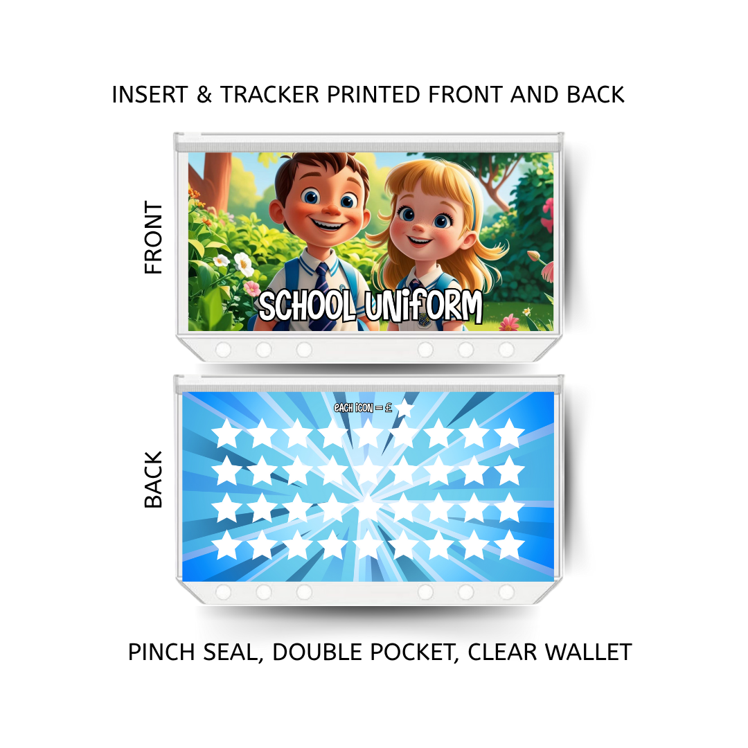 SCHOOL UNIFORM  savings double insert & tracker plus a clear, twin pocket, pinch seal wallet