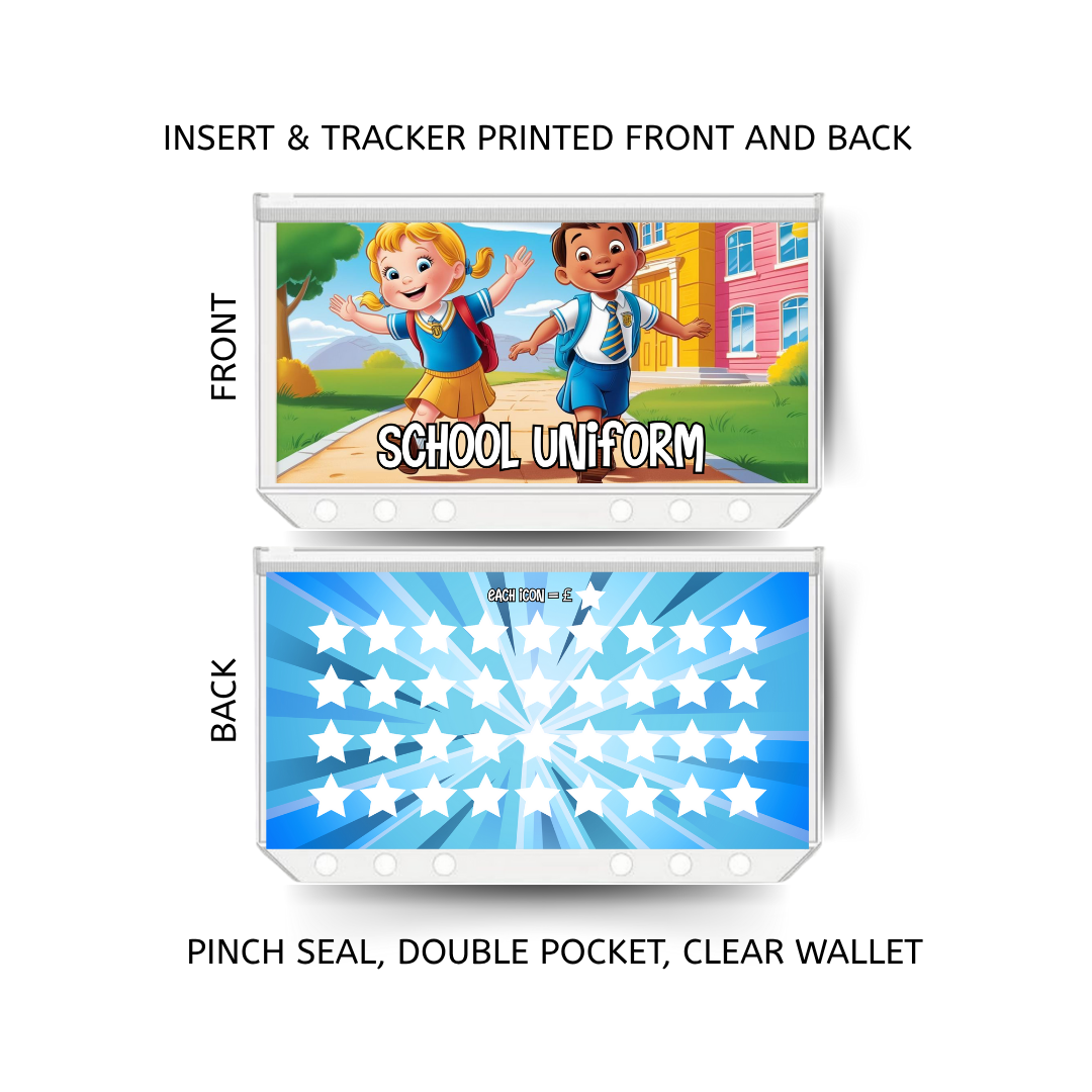 SCHOOL UNIFORM  savings double insert & tracker plus a clear, twin pocket, pinch seal wallet